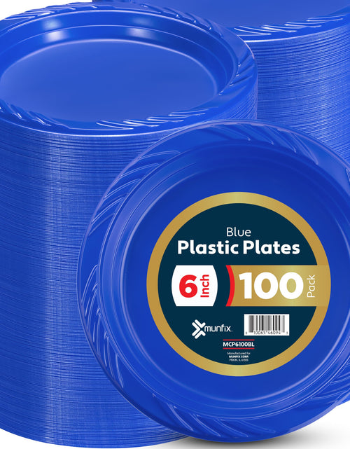 Load image into Gallery viewer, Munfix 6 Inch Blue Plastic Plates 100 Bulk Pack - Disposable Cake Plates for Dessert &amp; Appetizers BBQ Party Travel and Events Microwavable Recyclable
