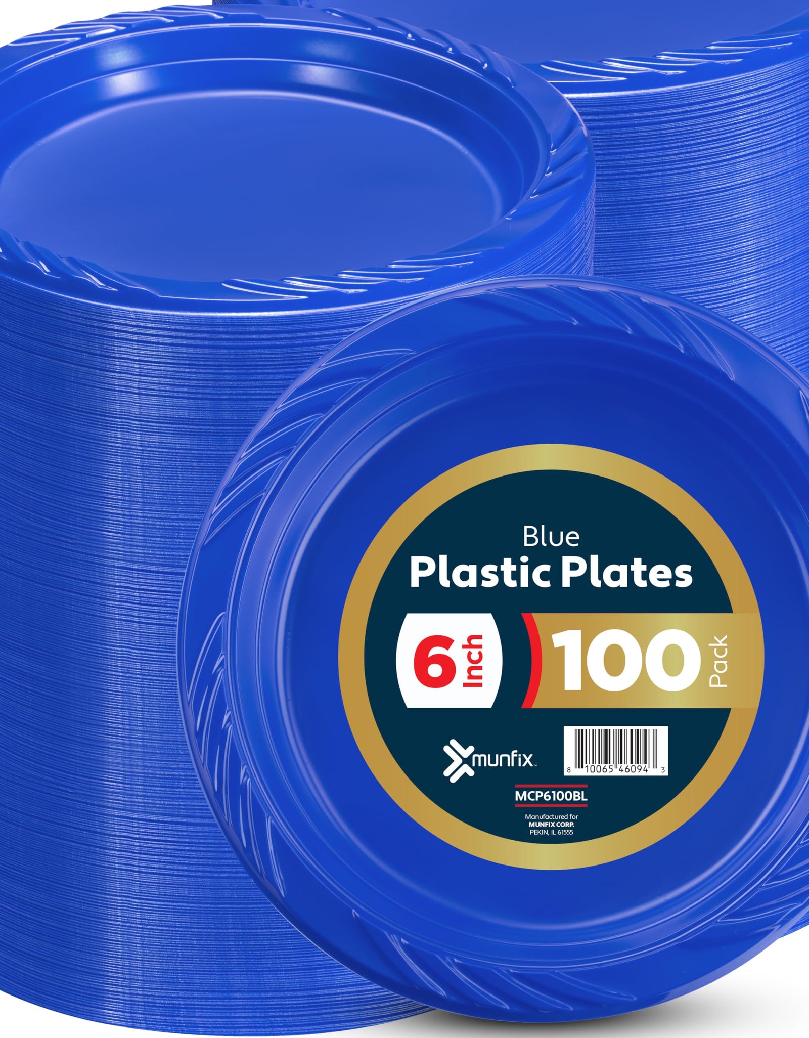 Munfix 6 Inch Blue Plastic Plates 100 Bulk Pack - Disposable Cake Plates for Dessert & Appetizers BBQ Party Travel and Events Microwavable Recyclable