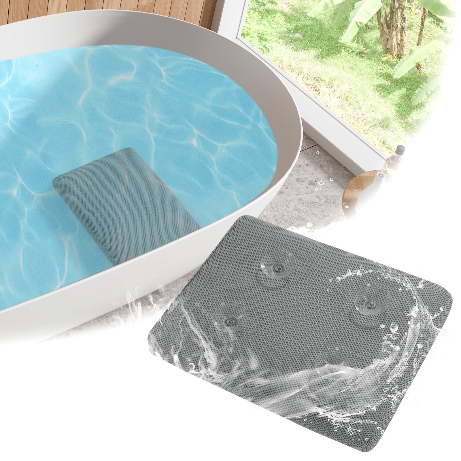 MABOZOO Cojín de baño para bañera con 4 potentes ventosas antideslizantes, alfombrilla de malla de secado rápido, almohada de spa, accesorios de baño para adultos, interior y exterior (gris)