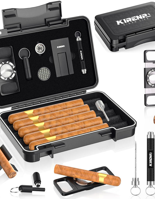 Load image into Gallery viewer, Travel Cigar Humidor Set Includes Cigar Cutter Cigar Punch Cigar Holders Draw Enhancer Tool Hygrometer &amp; Humidifier Outdoor Cigar Case with Cigar Accessories Kit Humidor Cigar Box for Men Gift
