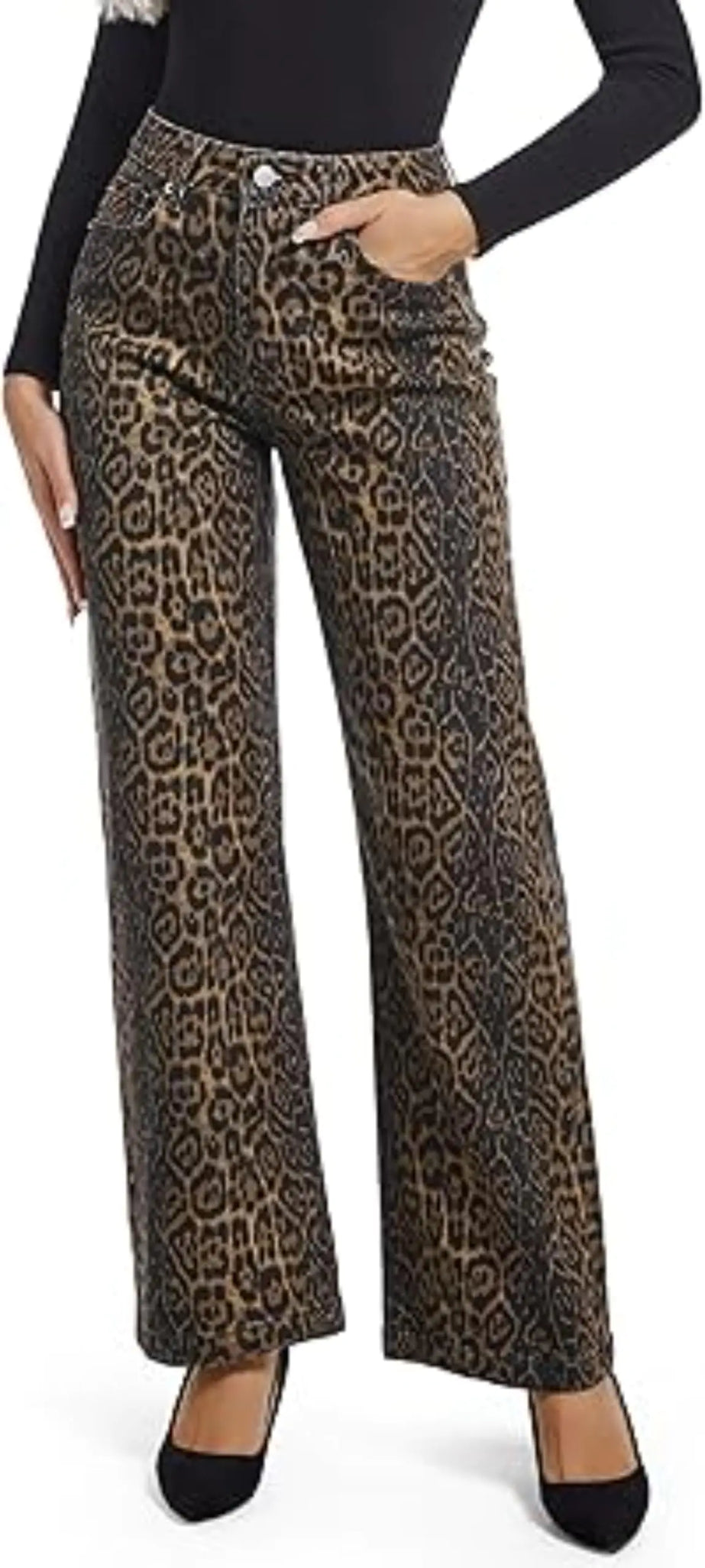 Pantalones con estampado de guepardo IDEWO, pantalones de leopardo, pantalones Y2k, vaqueros de leopardo para mujer, pantalones de pierna recta para mujer, pantalones de pierna ancha (MarrónSPequeño)