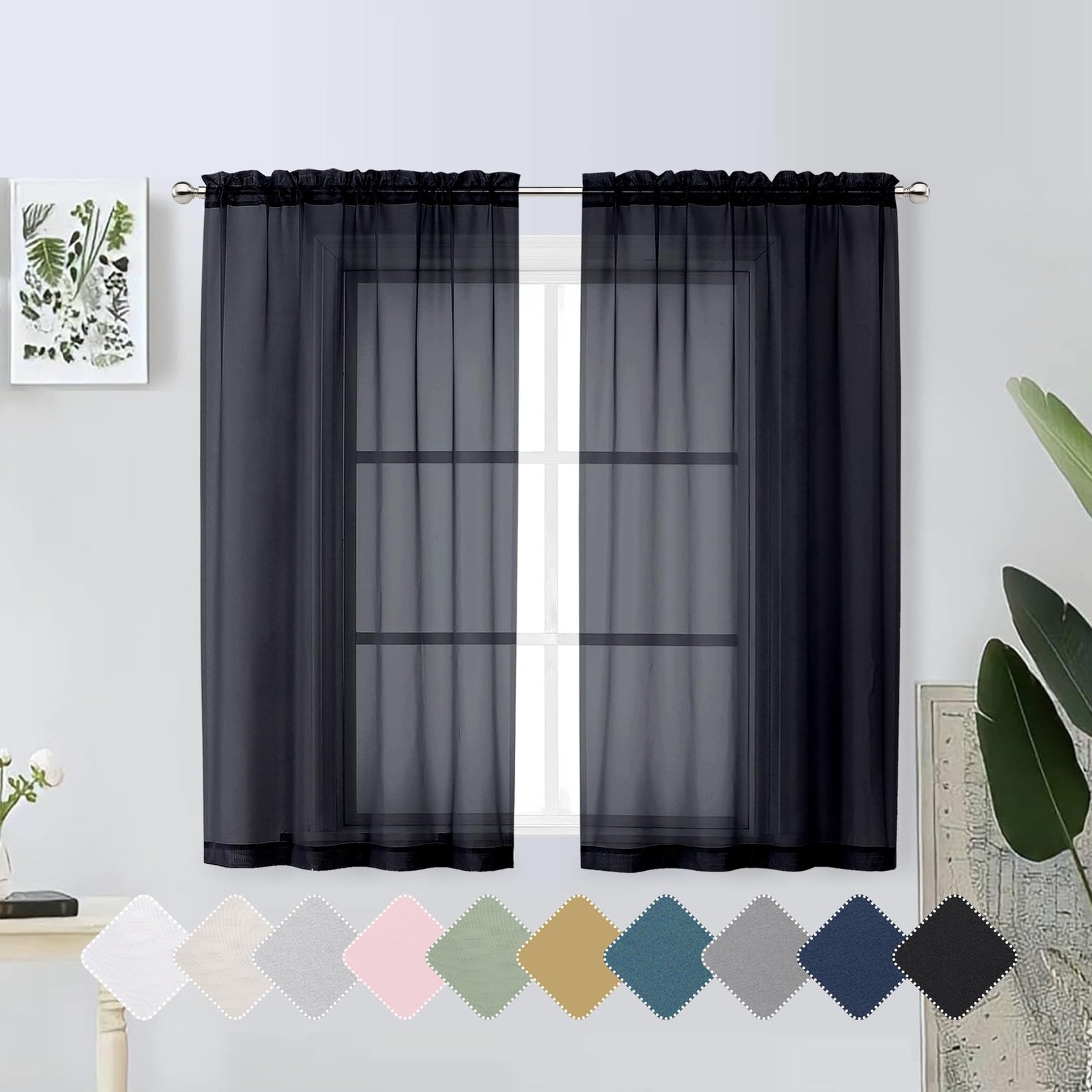 Lecloud Window Sheers 54 Inch Length Airy & Lightweight Solid Black See Through Curtains for Bedroom Living Room Soft Transparent Rod Pocket Short Bedroom Curtains 2 Panel Sets 42" Wx54 L Inches