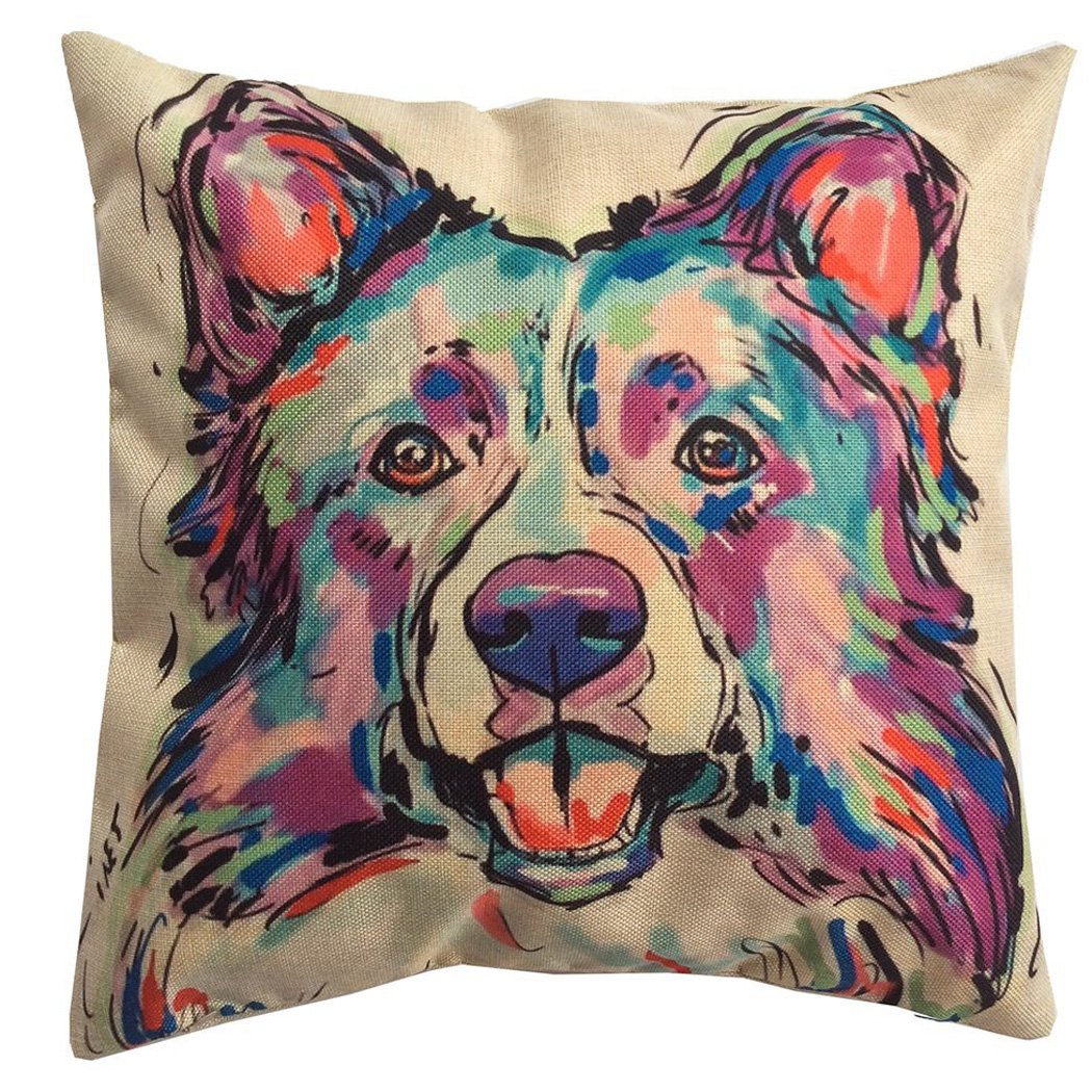 Redland Art Cute Pet Border Collie Dog Pattern Linen Throw Pillow Covers Car Sofa Cushion Cases Home Decor Square 18"X18" Inch