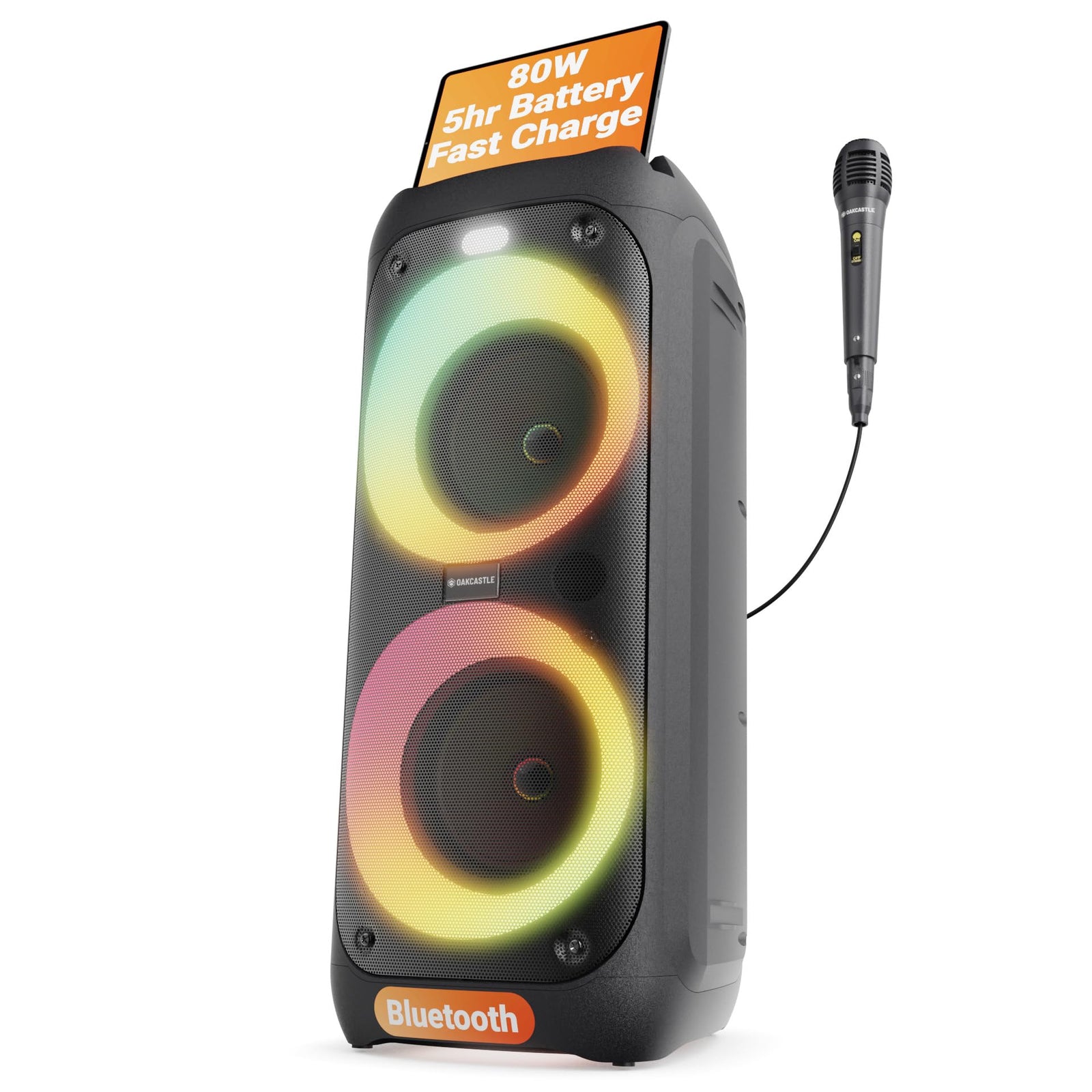 Altavoz portátil Bluetooth para fiestas | 80W de potencia y batería recargable de hasta 5H | Altavoz Bluetooth grande 2.0 con micrófono con cable | Modo Karaoke, luces LED para fiestas y control de ecualizador | Oakcastle PS200