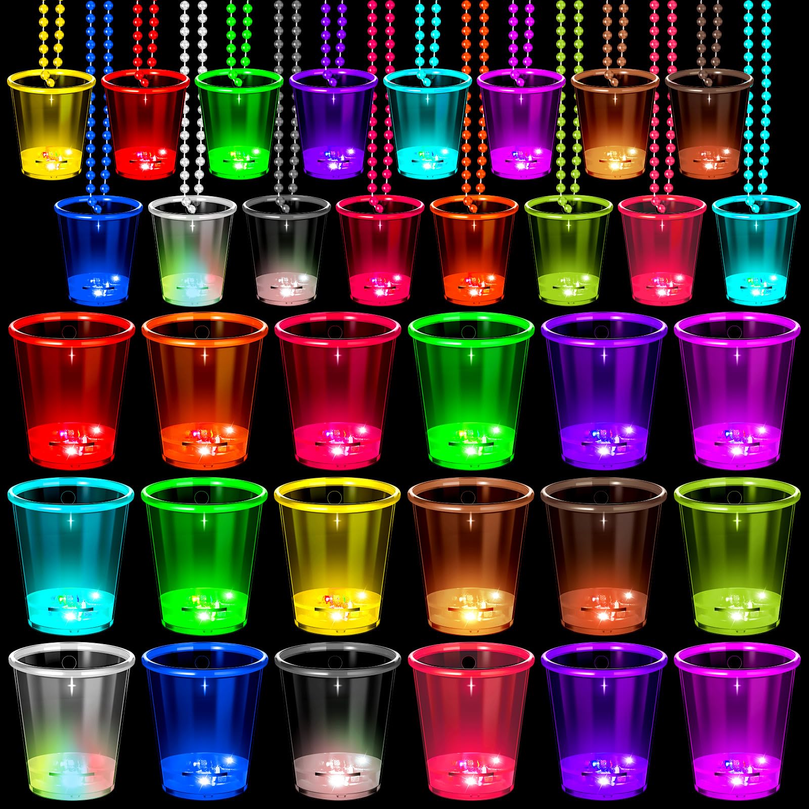 Ecally 60 Pcs Glowing in the Dark Shot Glass Necklaces Party Shot Glasses Necklace Led Light up Shot Necklace Cup for Halloween Christmas Birthday Wedding Party Supplies 15 Colors