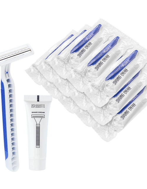 Load image into Gallery viewer, Disposable Razors in Bulk Pack of 120Blue Disposable Shaving Razors Individual Wrapped Twin Blade Bulk Disposable Razors with Clear Cap and 10g Shaving Cream for HomelessHotelTravelCharityShelter
