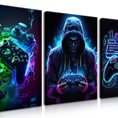 BGFCE Cool Gaming Canvas Wall Art Set of 3 Retro Video Game Watercolor Poster Pictures Neon Gamepad Gamepad Painting Prints Game Room Bedroom Wall Decor 12x16 in Framed