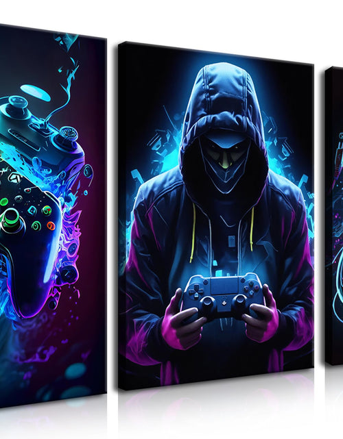 Load image into Gallery viewer, BGFCE Cool Gaming Canvas Wall Art Set of 3 Retro Video Game Watercolor Poster Pictures Neon Gamepad Gamepad Painting Prints Game Room Bedroom Wall Decor 12x16 in Framed
