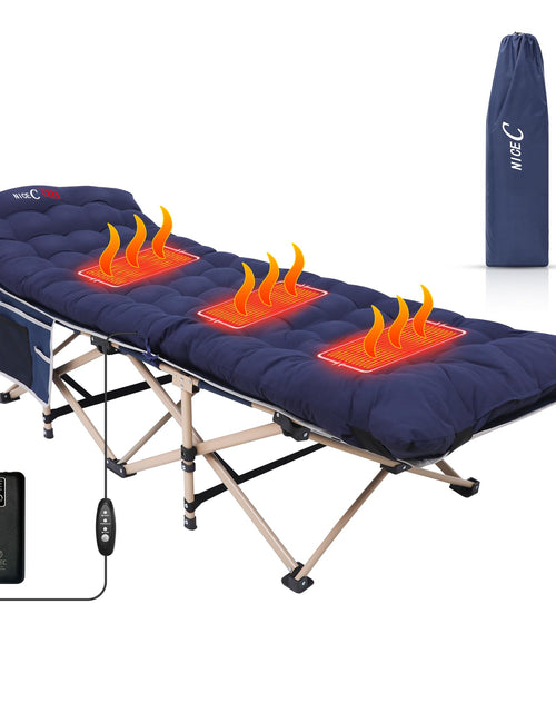 Load image into Gallery viewer, Nice C Camping Cots Camping Cots with Mattress for Adults Folding Cot with Pillow Carry Bag &amp; Storage Pocket Extra Wide Sturdy Holds Up to 500 Lbs (1 Heated Mattress Navy)
