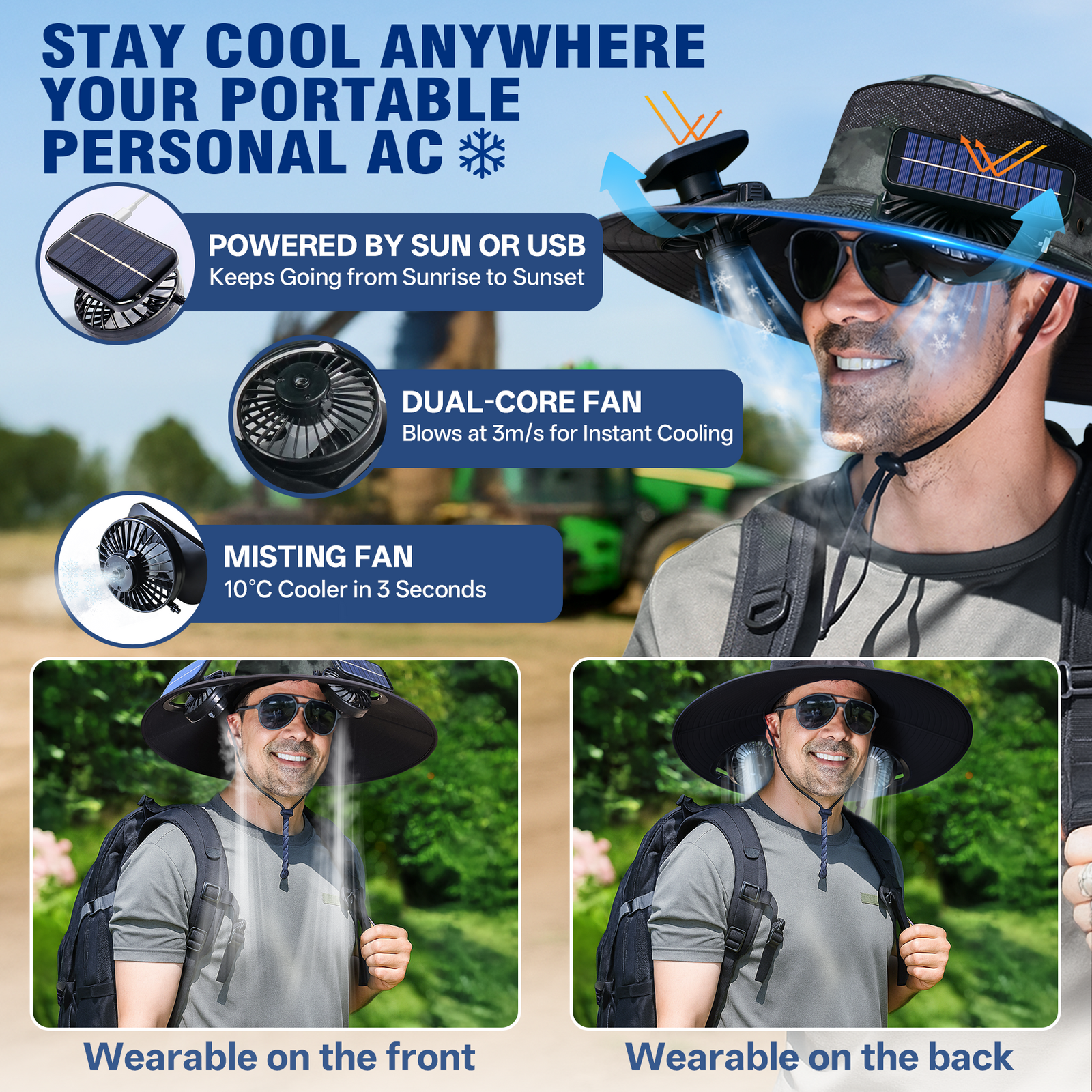Gorra con ventilador solar UPF50+, gorra con ventilador solar y carga USB - Gorra solar refrescante, sombrero de pescador, pesca al aire libre, ocio al aire libre, camping, senderismo, trabajo al aire libre, ocio al aire libre
