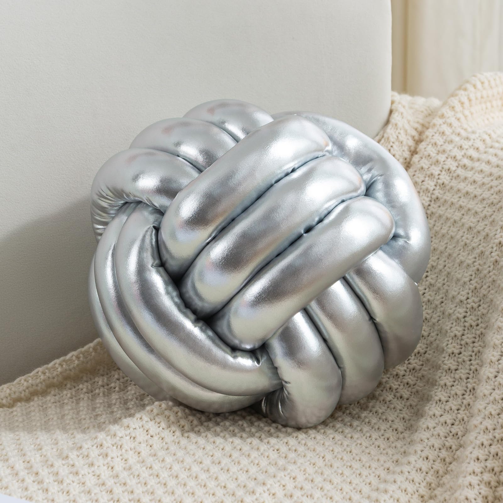 TESICA Cojín de almohada con nudo suave, almohada de felpa, almohada anudada, almohada redonda hecha a mano, decoración del hogar, decoración de dormitorio, tamaño mediano (plateado 27,9 x 27,9 cm)