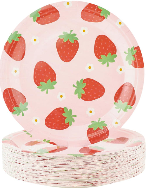 Cargar imagen en el visor de la galería, Platos de papel para fiesta de fresas SHIBADOU - 50 platos de postre de papel desechables para fiesta de cumpleaños, baby shower, fiesta de frutas de verano (7 pulgadas)
