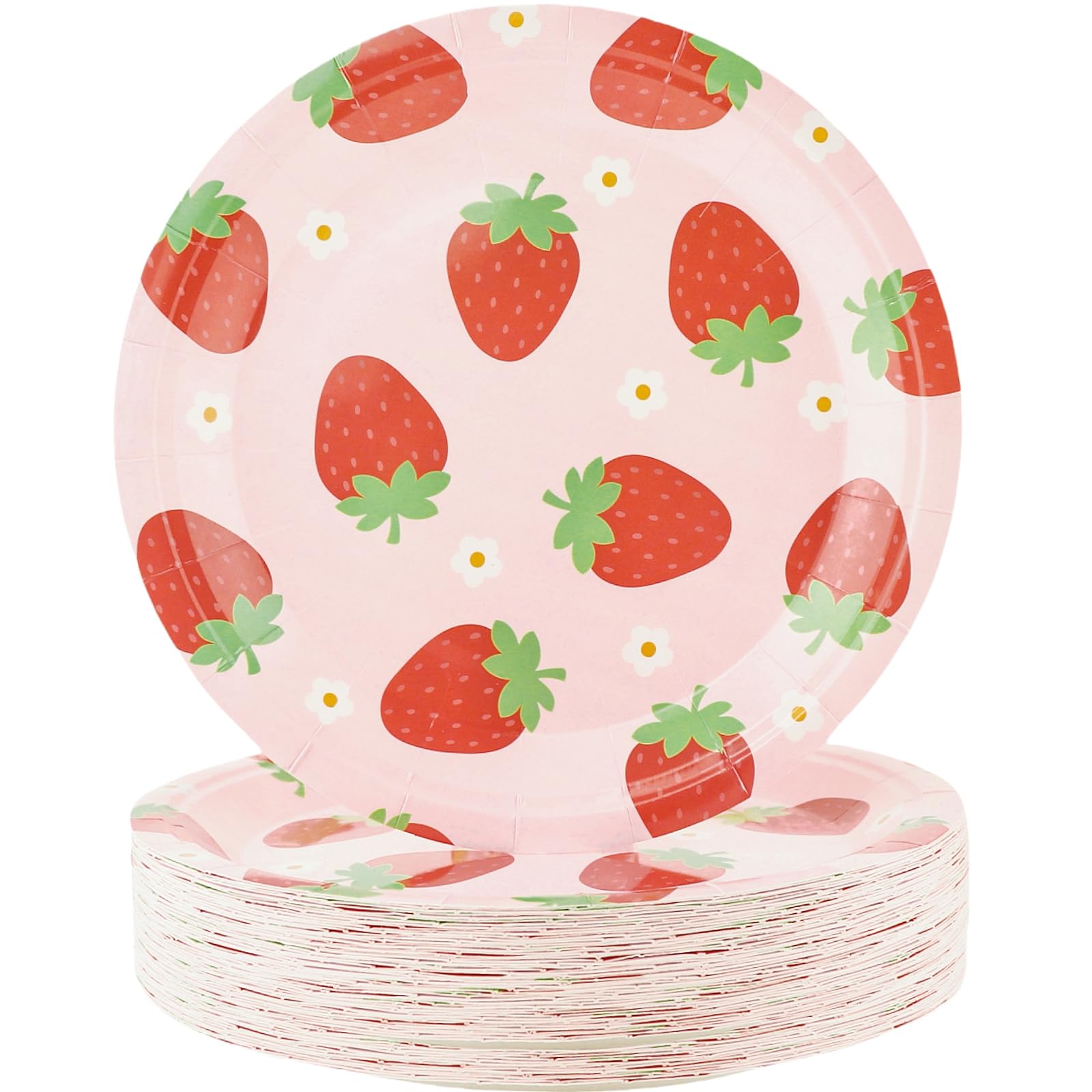 Platos de papel para fiesta de fresas SHIBADOU - 50 platos de postre de papel desechables para fiesta de cumpleaños, baby shower, fiesta de frutas de verano (7 pulgadas)