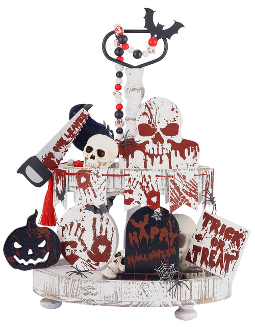 Load image into Gallery viewer, Halloween Decorations-17pcs Halloween Tiered Tray Decor Set Skull Spooky Bloody Splatter Handprint Footprint Chainsaw Wooden Signs Scary Tombstone Bats Indoor Tray Decor for Table (Spooky Style)
