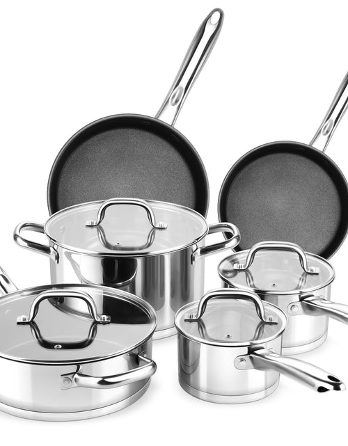 Charger l'image dans la visionneuse de galerie, P&amp;P CHEF – Lot de 10 casseroles et poêles en acier inoxydable – Batterie de cuisine 6 pièces, y compris casseroles à induction et faitouts avec couvercles, poêles antiadhésives et sauteuse
