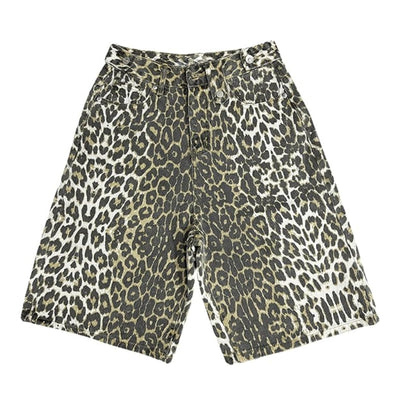 QJK Baggy Y2k Jean Short Leopard Print Jean Shorts Y2k Oversized Jorts Vintage Jean Shorts Straight Leg Jean Shorts (LeopardLLarge)