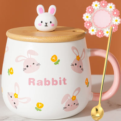 Arawat Cute Mugs Kawaii Rabbit Coffee Mug Gifts with Lid and Spoon Rabbit Ceramic Coffee Tea Cup with Handle Kawaii Cartoon Coffee Mugs Pink for Milk Latte 3D Animal Mug Gifts for Women Girls