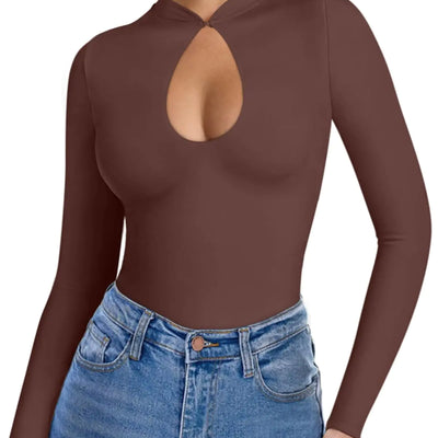 REORIA Bodysuits de Manga Larga con Aberturas para Mujer, Ajustados, Sexy, Doble Capa, Ligeros para Superponer, Tops de Otoño Invierno 2024