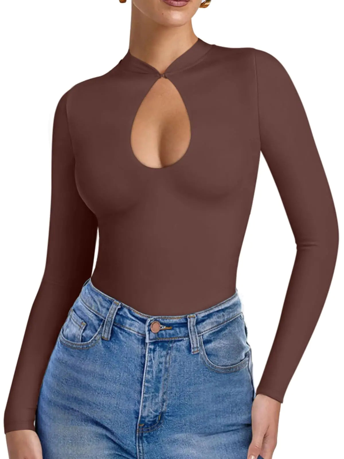 REORIA Body justaucorps femme à manches longues ajourées Coupe ajustée Sexy Doublure double Légère Superposition Hauts automne hiver 2024