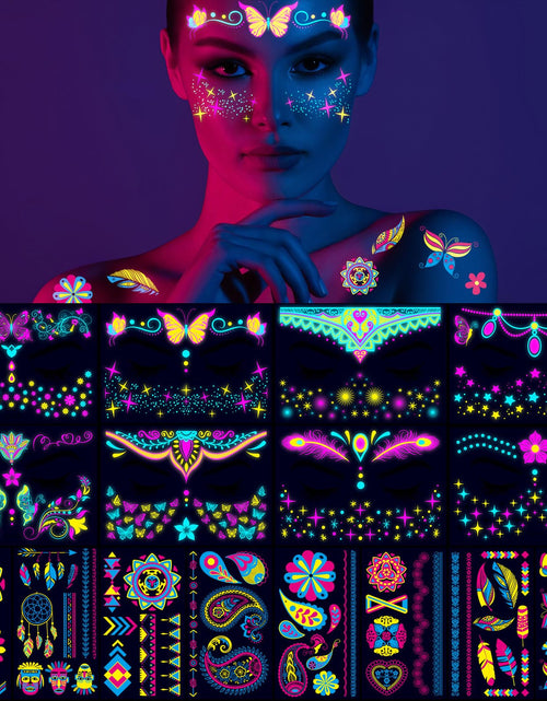 Load image into Gallery viewer, MotiMind 16 Sheets Glow in the Dark Temporary Tattoos Body Face Fake Waterproof Stickers UV Neon Glow in the Dark Tattoo for Women Men Festival Party Supplies Decorations Rave Accessories
