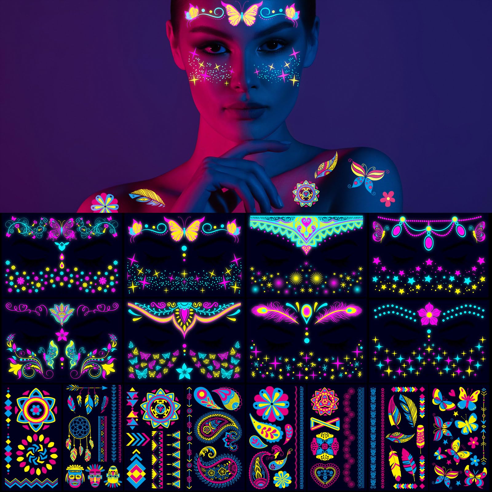 MotiMind 16 Sheets Glow in the Dark Temporary Tattoos Body Face Fake Waterproof Stickers UV Neon Glow in the Dark Tattoo for Women Men Festival Party Supplies Decorations Rave Accessories