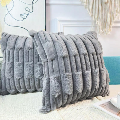 DRNOU Juego de 2 fundas de almohada de piel sintética gris de 45 x 45 cm, de felpa con patrón de rayas 3D, decorativas, estilo bohemio, para sofá, cama, sala de estar, casa de campo, acento moderno.
