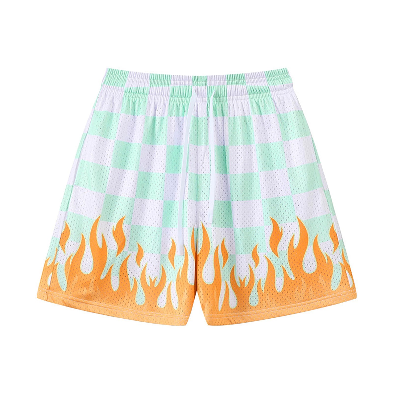 DIOTSR Mens Graphic Shorts Casual Streetwear Cool Basketball Shorts Running Workout Shorts with Pockets (05 Checkered Flame - OrangeMedium)