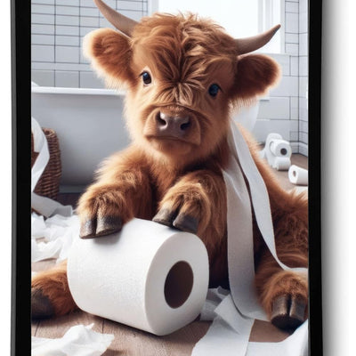 Funny Framed Highland Cow Wall Art Funny Bathroom Wall Art Decor Humor Animals Bathroom Artwork Cute Highland Cow Canvas Prints Kids Bathroom Decor Ready to Hang