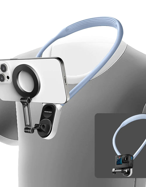 Cargar imagen en el visor de la galería, SEANCHEER H-01 Soportes magnéticos para smartphone de cuello para vídeo POV manos libres, esenciales para creadores de contenido para iPhone, Android, GoPro, cámaras de acción, trípode de cuello, soporte de pecho (azul glaciar)
