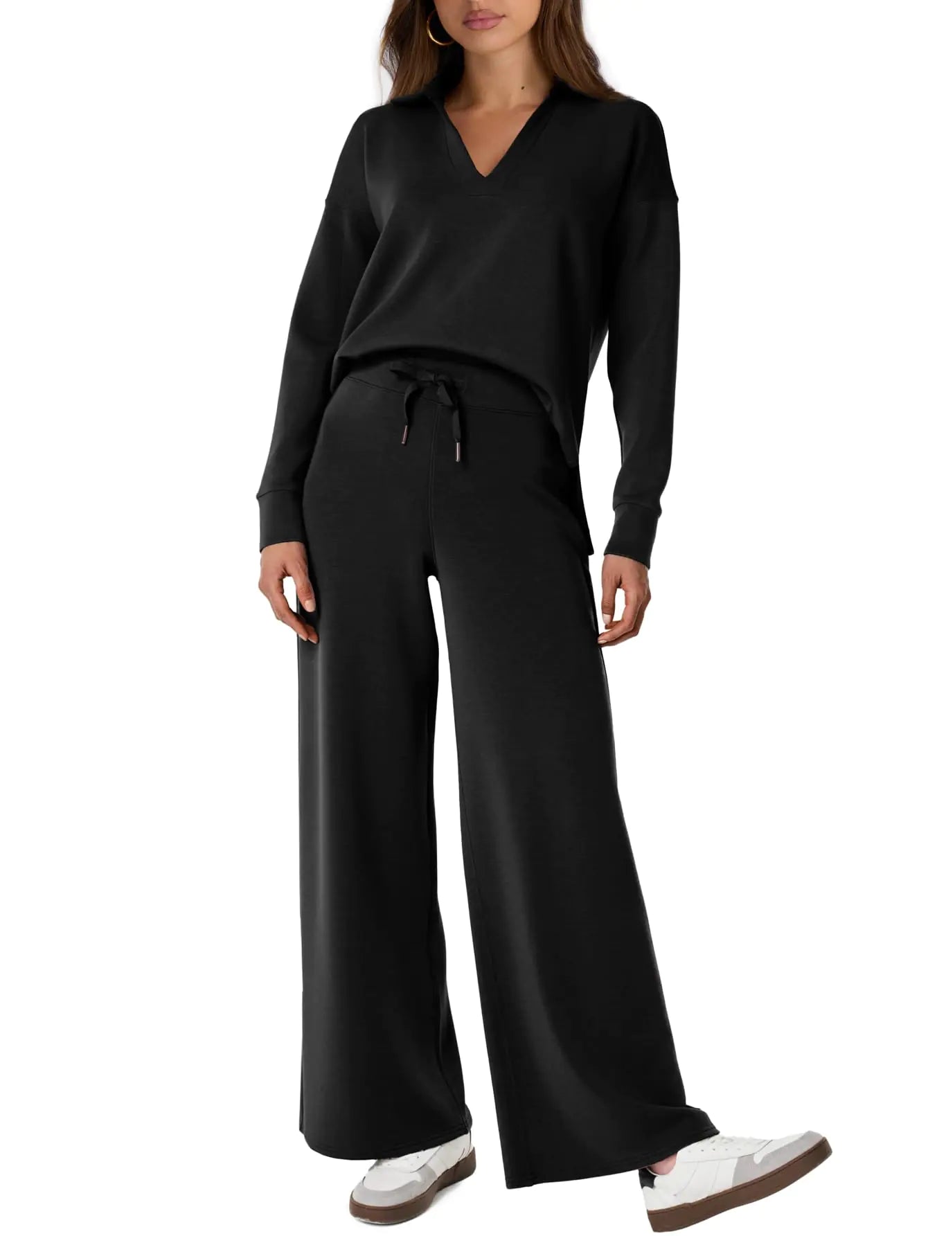 Glamaker Womens 2 Piece Sets Outfits Oversized Sweatsuits Long Sleeve Polo Top and Wide Leg Pants Matching Sets (Black S)