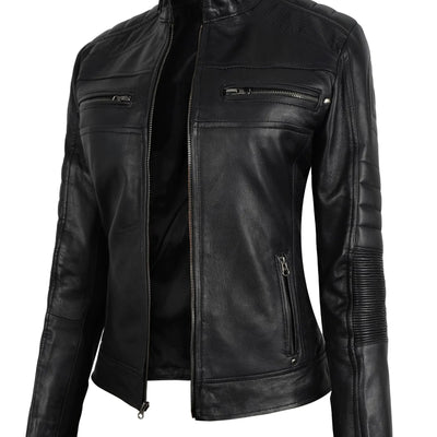 STOREJEES Womens Leather Jacket | Cafe Racer Black XXL Jacket