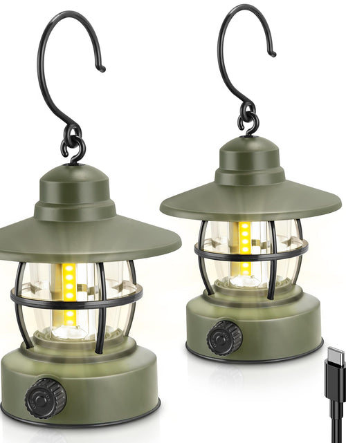 Cargar imagen en el visor de la galería, Linterna de camping recargable a pilas 【Paquete de 2】 Imprescindibles para acampar Accesorios para acampar Luz de camping retro Lámpara de tienda LED colgante impermeable para senderismo, pesca al aire libre (verde oscuro)
