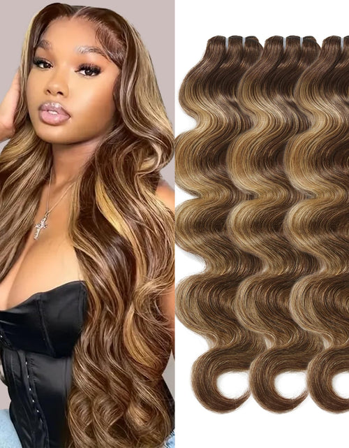 Cargar imagen en el visor de la galería, Extensiones de cabello 16A Cabello virgen brasileño Extensiones de ondas corporales de 16, 18 y 20 pulgadas Tejido grueso P427 con reflejos marrones
