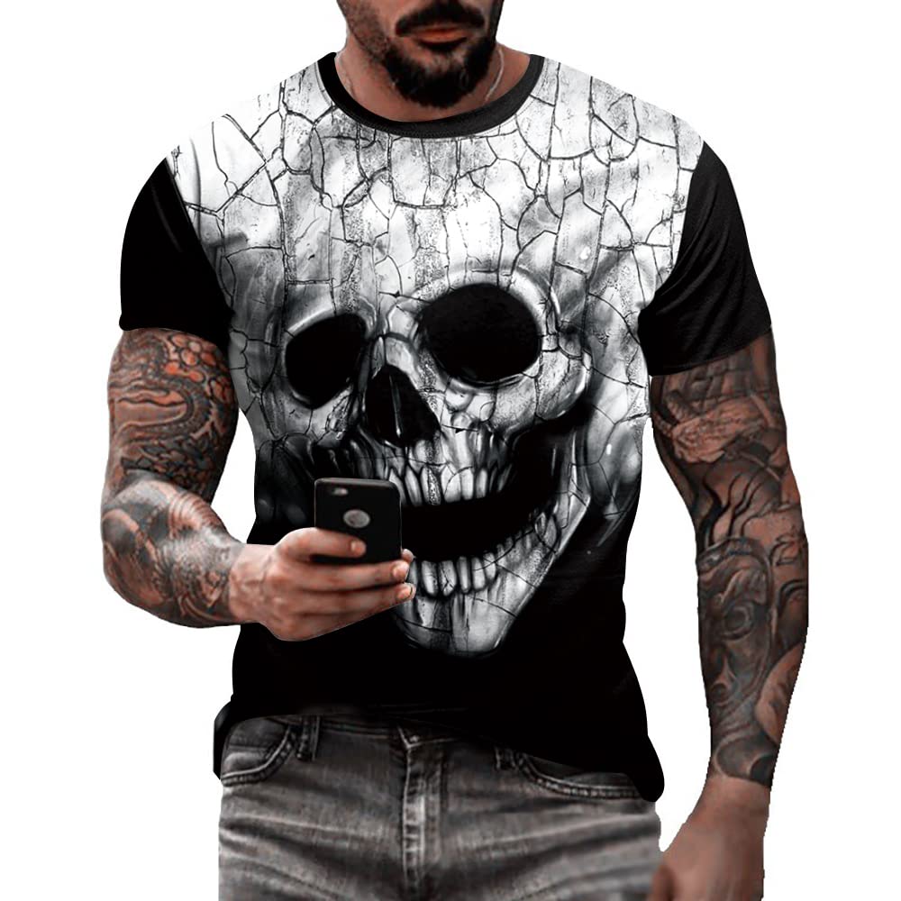 Eciodci Mens Halloween T-Shirts 3D White Skull Print T Shirts Halloween Party Horror Haunted Scene Short Sleeve Shirts