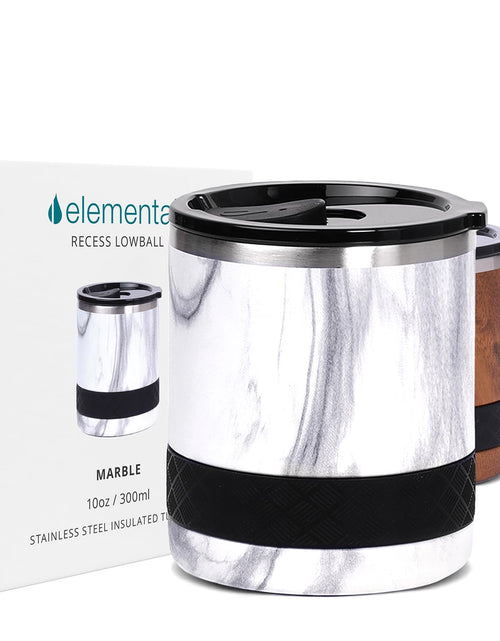 Cargar imagen en el visor de la galería, Elemental Recess Lowball Tumbler 10oz Triple Wall Stainless Steel Cup with Non-Shattered Tritan Lid Insulated Whiskey Glass Insulated Coffee Tumbler Mug for Hot &amp; Cold Drinks - White Marble

