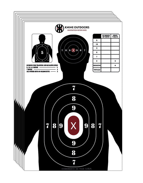 Load image into Gallery viewer, KNINE OUTDOORS Shooting Targets Paper 17x25 inch Bulk for Hunting Handguns Pistols Rifles Silhouette with Red Bullseye Black Design (25 Pack)
