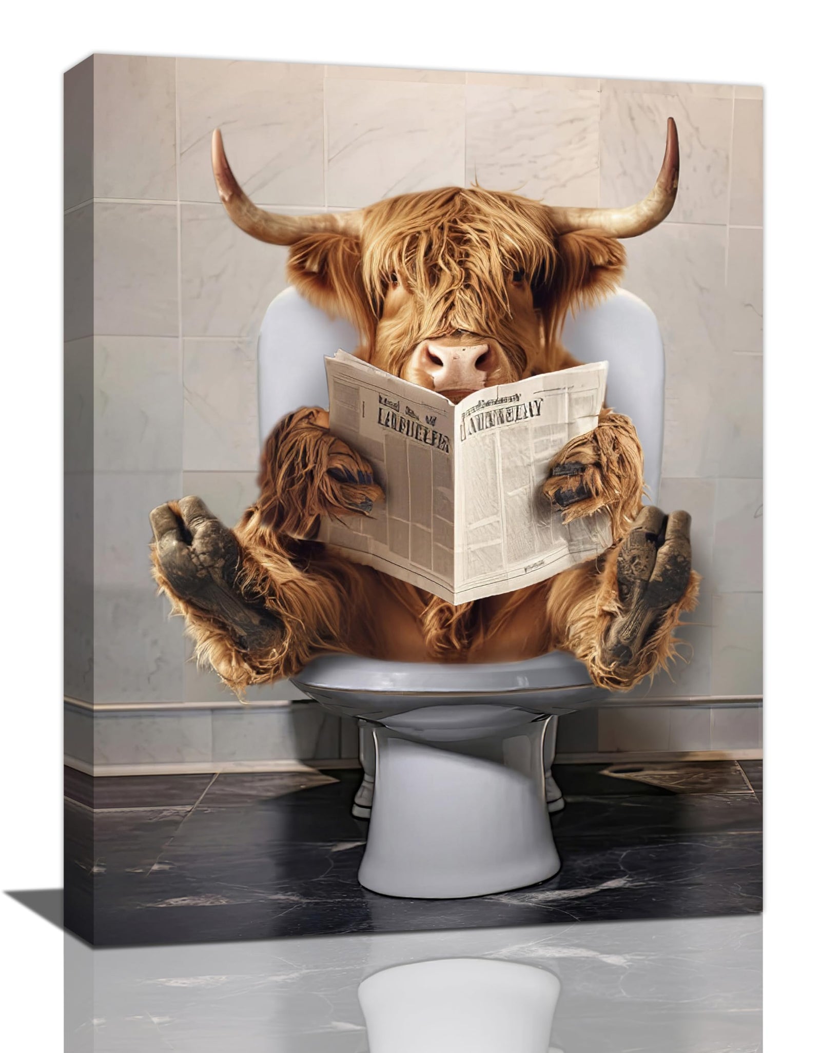 Highland Cow Bathroom Wall Art Funny Farmhouse Bathroom Pictures Wall Decor Western Cow on Toilet Canvas Print Painting Home Bathroom Signs Decoration Artwork Framed 12"X16"
