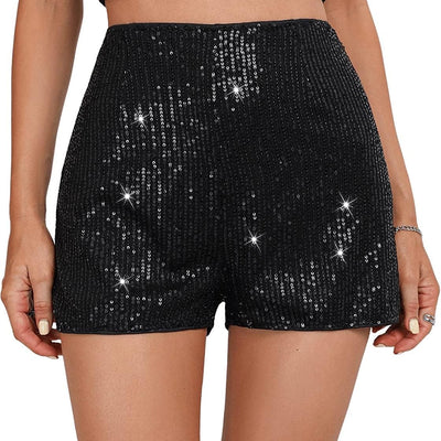Geynaw Sequin Shorts for Women High Waist Elastic Sparkly Straight Leg Shorts Glitter Sparkle Shorts Solid Party Shorts(A2502-Black-S