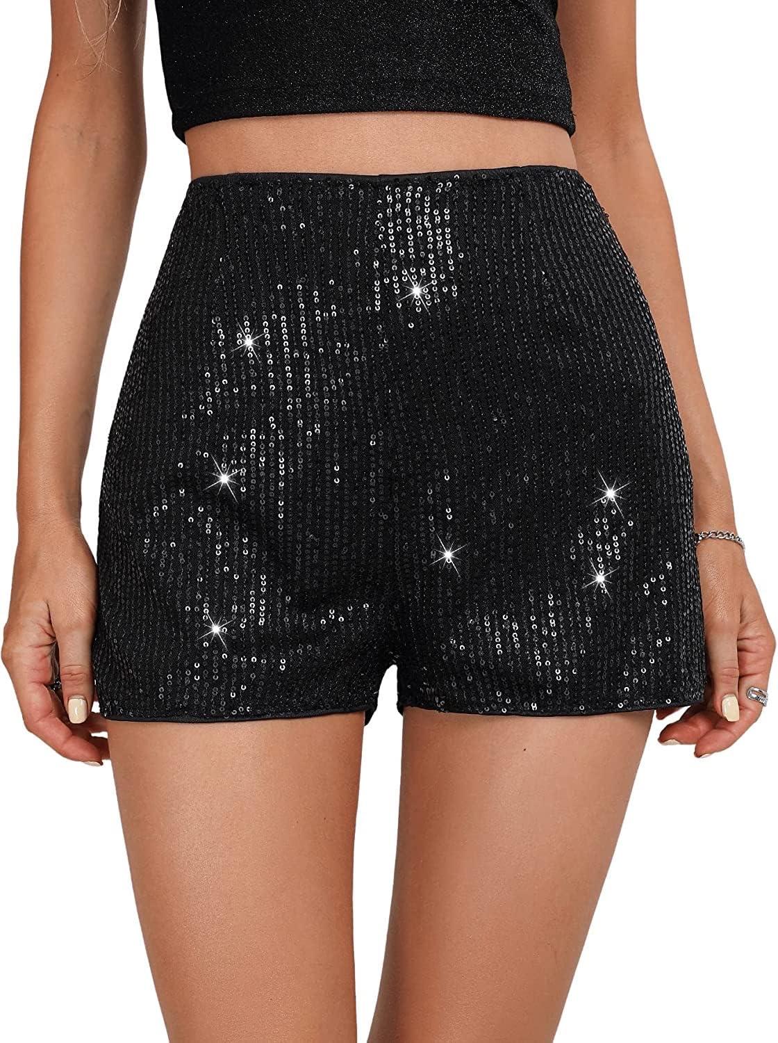 Geynaw Sequin Shorts for Women High Waist Elastic Sparkly Straight Leg Shorts Glitter Sparkle Shorts Solid Party Shorts(A2502-Black-S