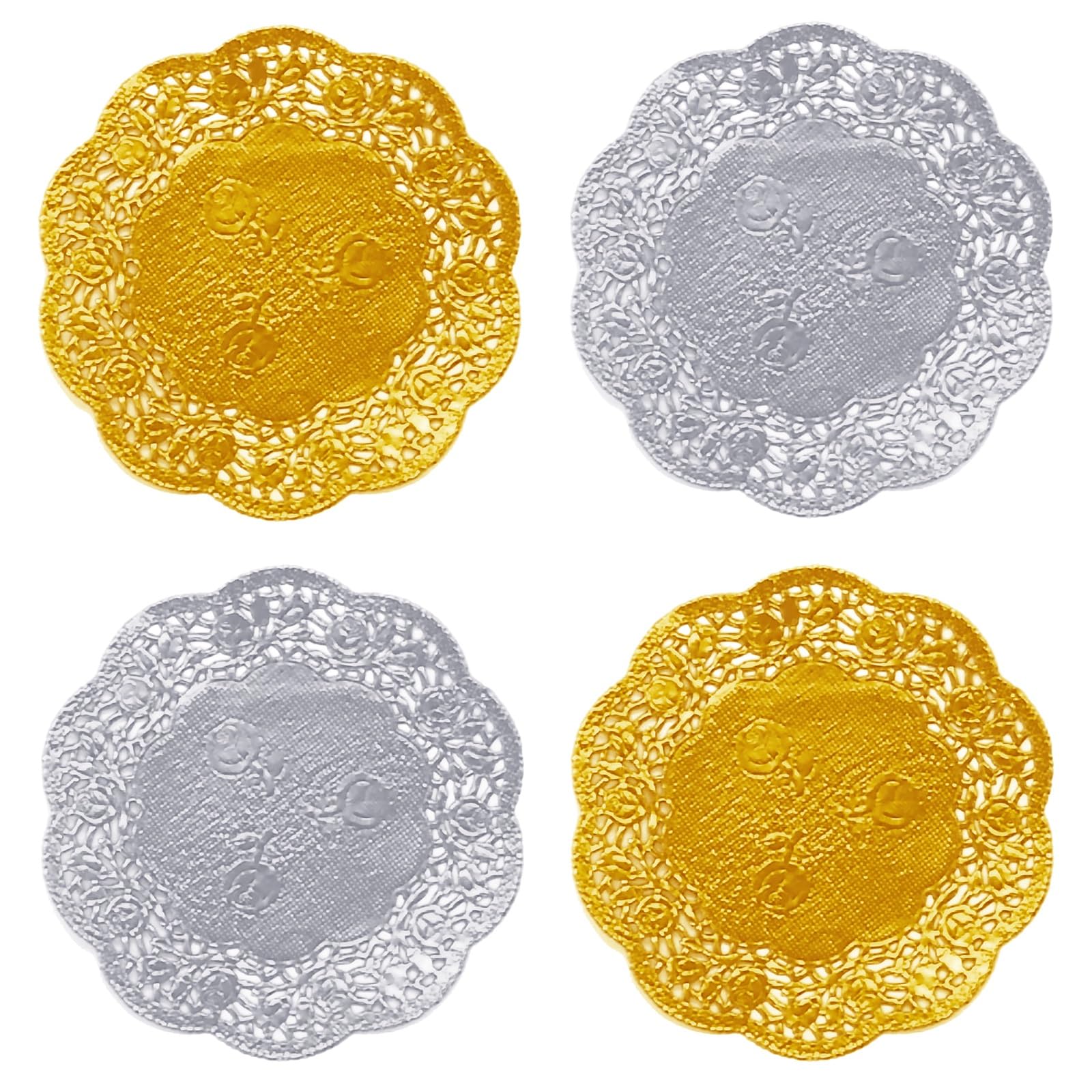 Jagrove Paper Doilies 50 Pack 3.5 Inch Gold & Silver Lace Doilies Paper Decorative Disposable Round Paper Placemats Bulk for Cake Dessert Craft Wedding Birthday Party Tableware Decorations