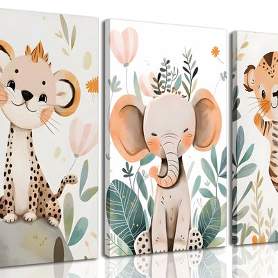 3 Pcs Safari Animals Nursery Canvas Wall Art Jungle Animals Cheetah Elephant Tiger Kids Room Illustration Pictures Wall Decor Posters Print Artwork for Classroom Boys Girls Room Bedroom