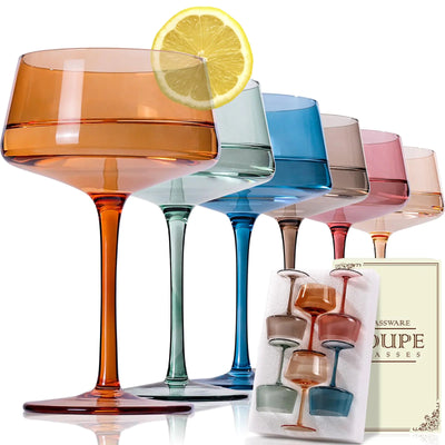 JOVGANK Colored Martini Glasses Set of 6 Hand Blown Colorful Cocktail Glasses 13Oz Premium Crystal Coupe Glasses Large Margarita Glasses Bar Drinking Glass Gift for Christmas Party Multicolor