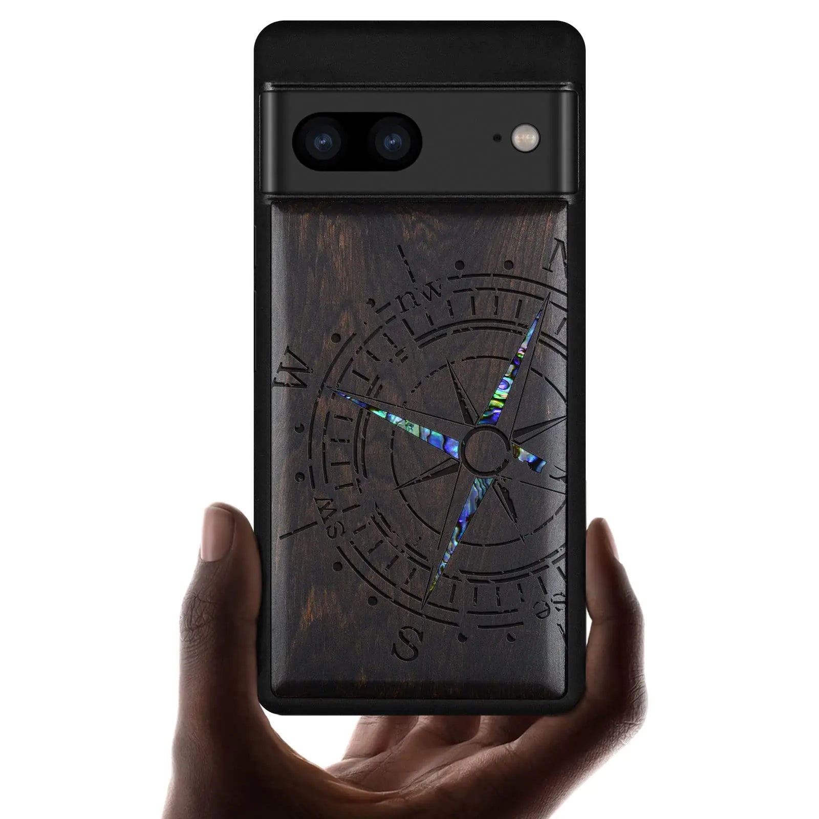 Carveit Funda de Madera de Diseño para Google Pixel 7 Carcasa Protectora [Grabado en Madera e Incrustaciones de Concha] Funda de Madera Única Compatible con Cargadores Inalámbricos Funda para Pixel 7 (Brújula-Ébano)