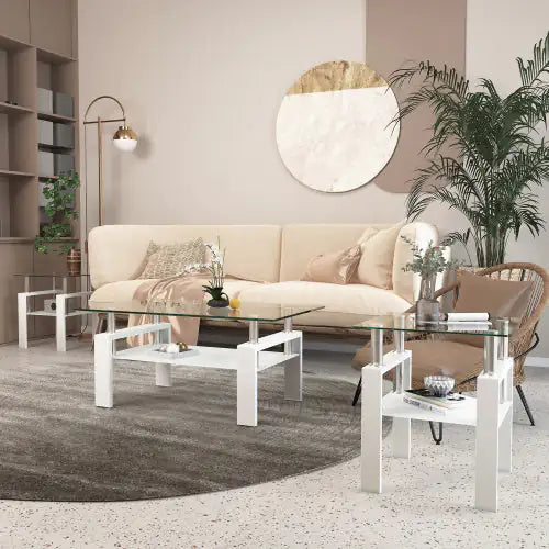 Juego de 2, mesa de té, café y auxiliar de vidrio templado moderno, mesa cuadrada para sala de estar, blanco transparente