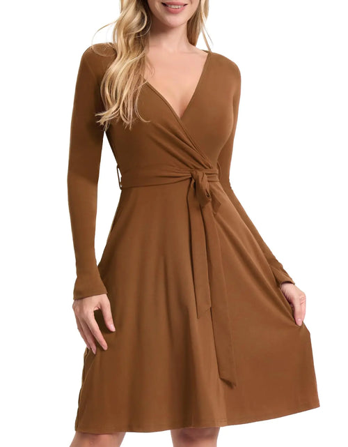 Load image into Gallery viewer, CosySun Womens Fall Long Sleeve Dress: Wrap V Neck Midi Dresses - Casual Party Rib Dresses with Belt Camel
