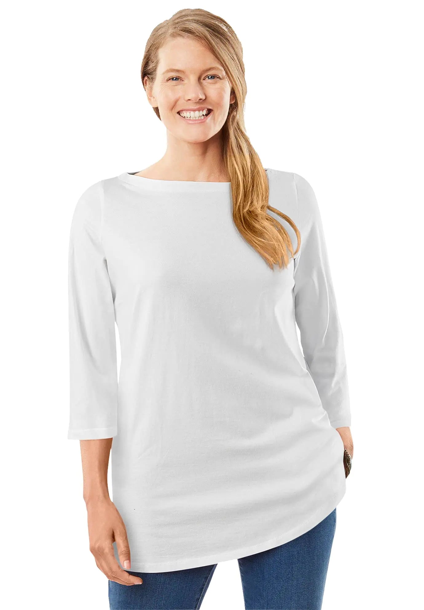 Woman Within Womens Plus Size Perfect Three-Quarter Sleeve Boatneck Tee - 1X White