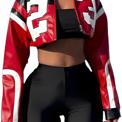 CHEZVOGUE Womens Faux Leather Cropped Motorcycle Jacket Y2K Letter Bomber Jacket Streetwear Style