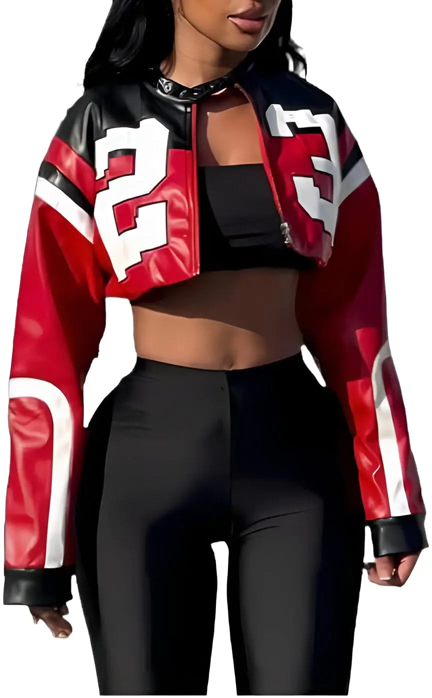 CHEZVOGUE Womens Faux Leather Cropped Motorcycle Jacket Y2K Letter Bomber Jacket Streetwear Style