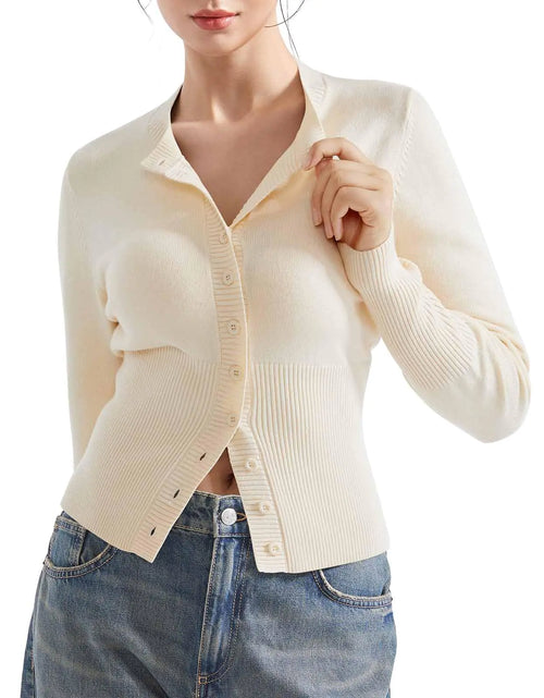 Load image into Gallery viewer, SUUKSESS Women Button Down Cardigan Crew Neck Sweaters Ribbed Knitted Slim Fit Tops (Beige XL)

