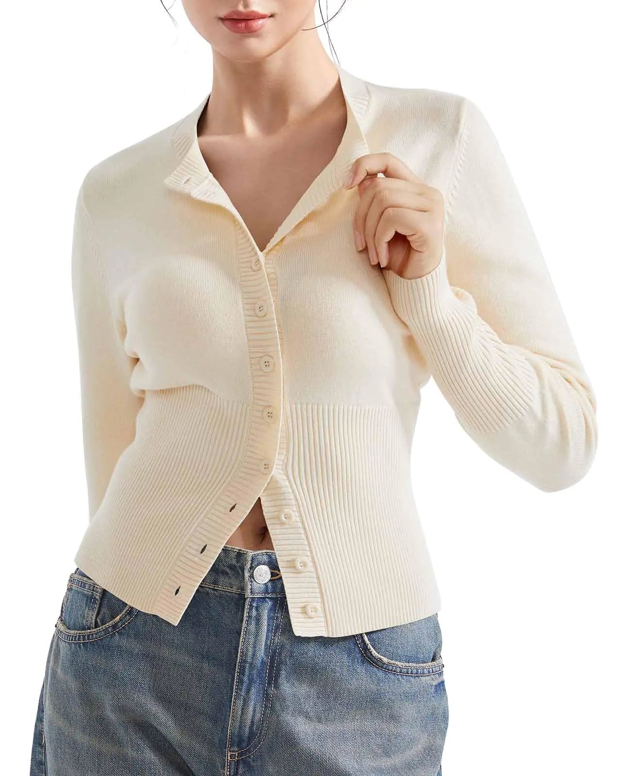 SUUKSESS Women Button Down Cardigan Crew Neck Sweaters Ribbed Knitted Slim Fit Tops (Beige XL)